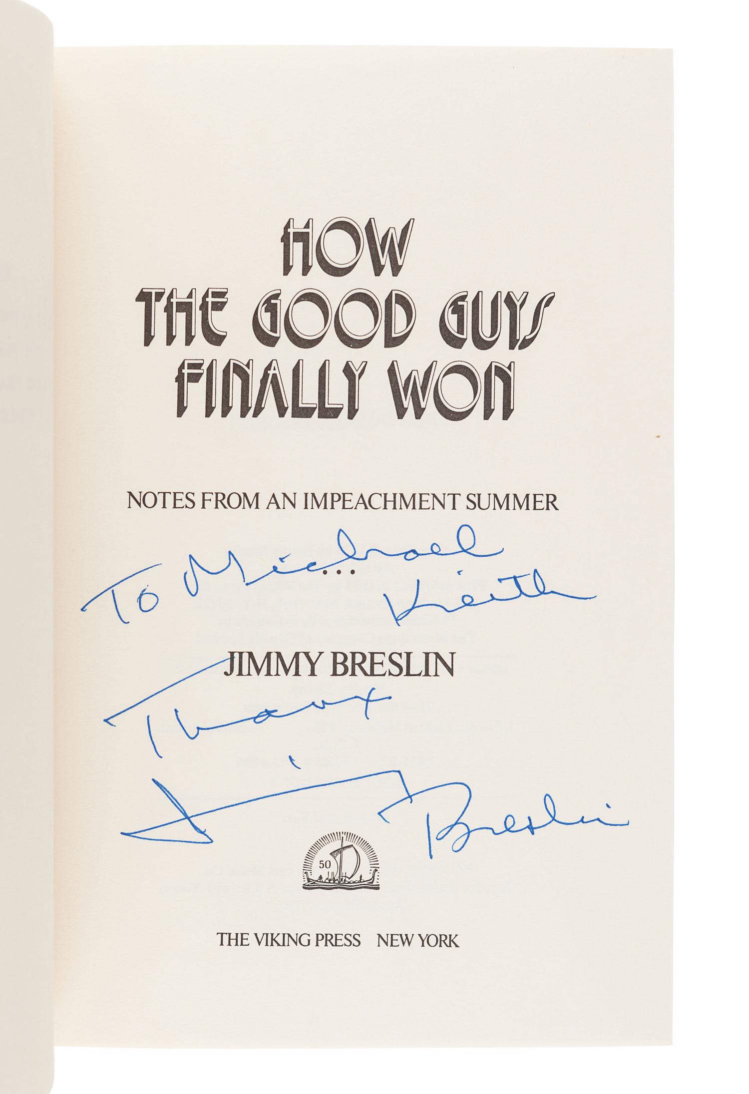 [BRESLIN, Jimmy (1928-2017)]. A group of 4 FIRST EDITIONS by Breslin, comprising: