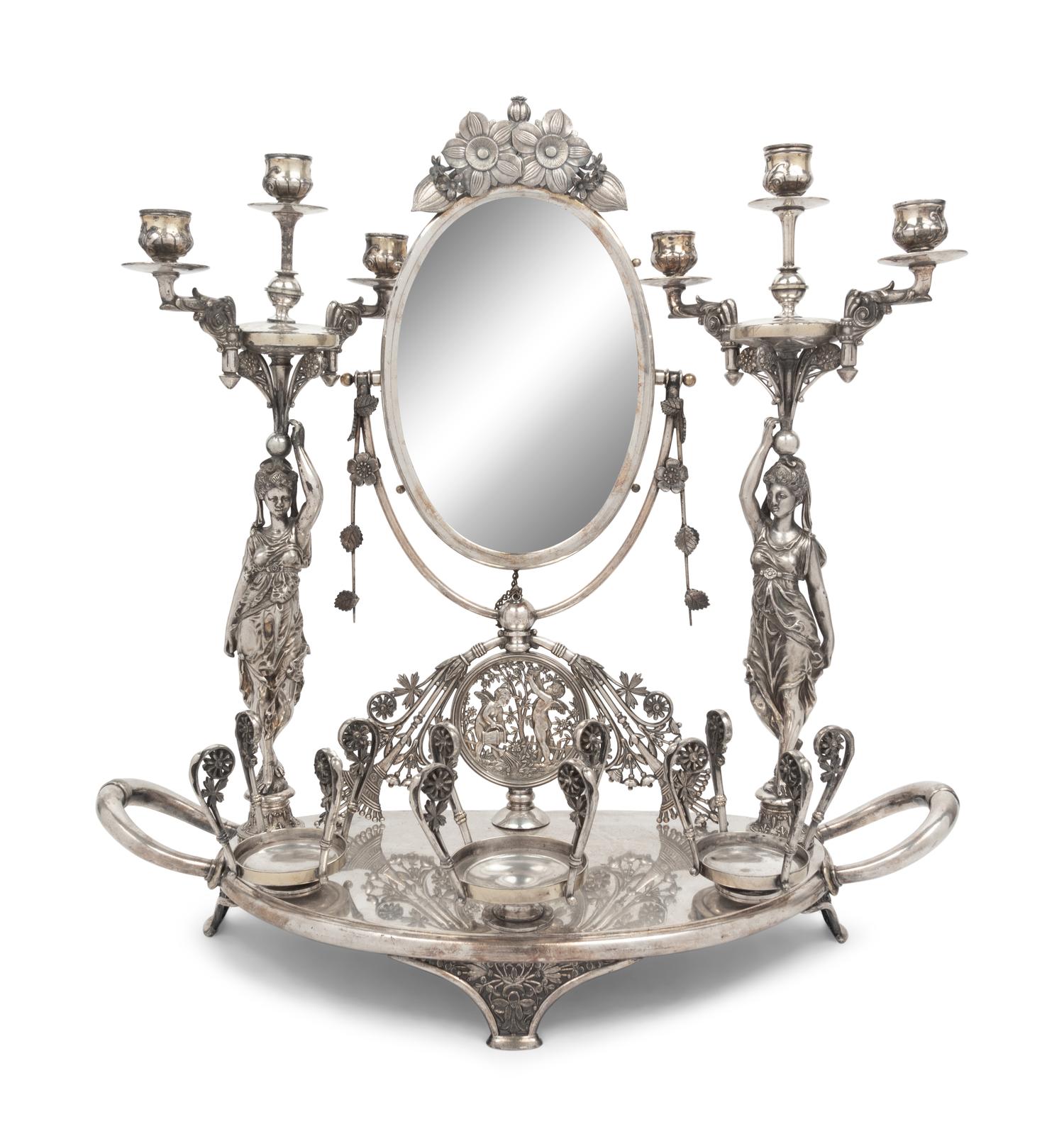An American Silvered Bronze Figural Vanity Toilet Set
