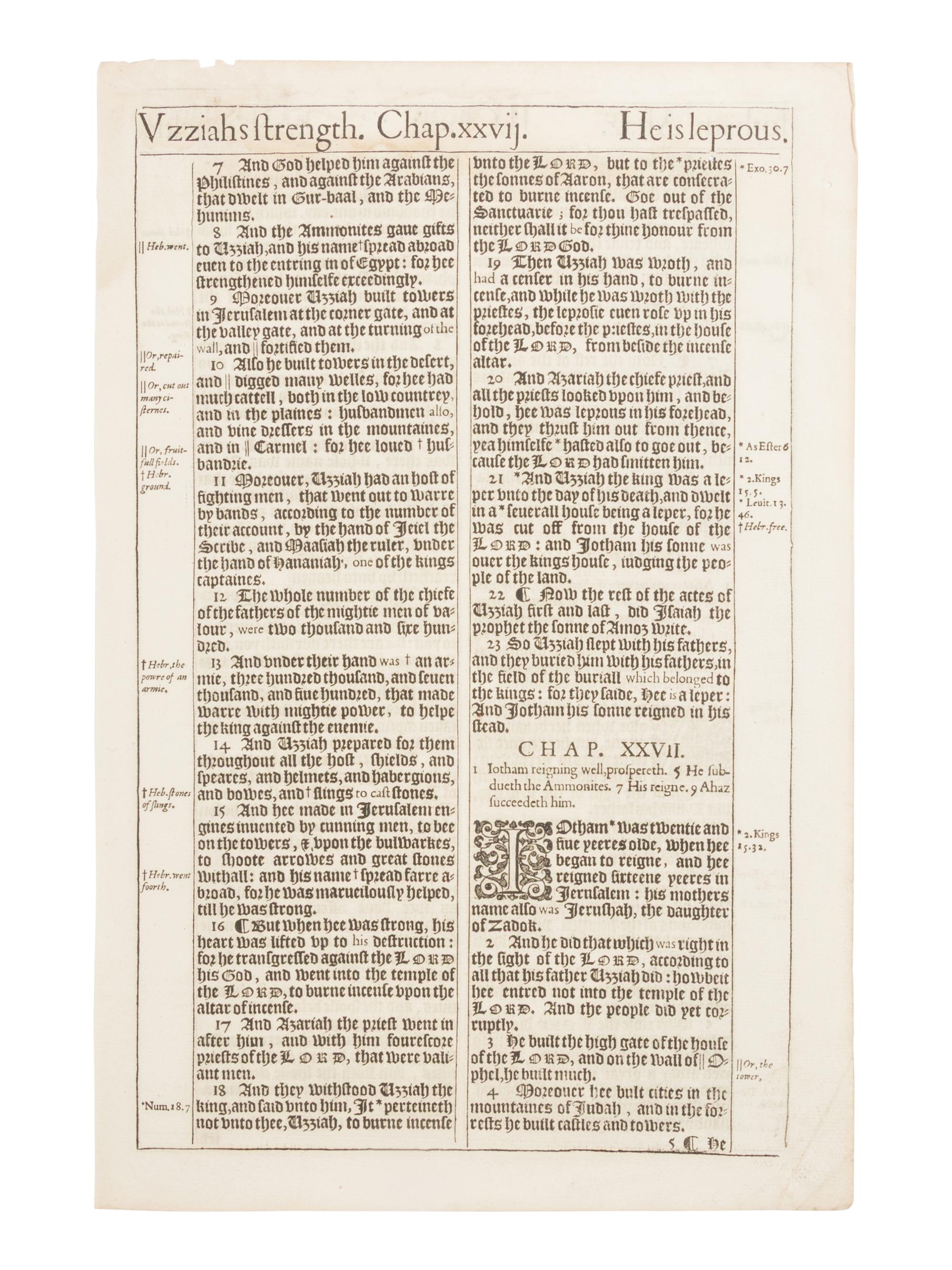 [LEAF BOOK - KING JAMES BIBLE]. The Making of the King James Bible. A Monograph..., with an original leaf from the great "She" Bible of 1611. Edwin Elliot Willoughby, editor. Los Angeles: Printed for Dawson's Book Shop at the Plantin Press, 1956.