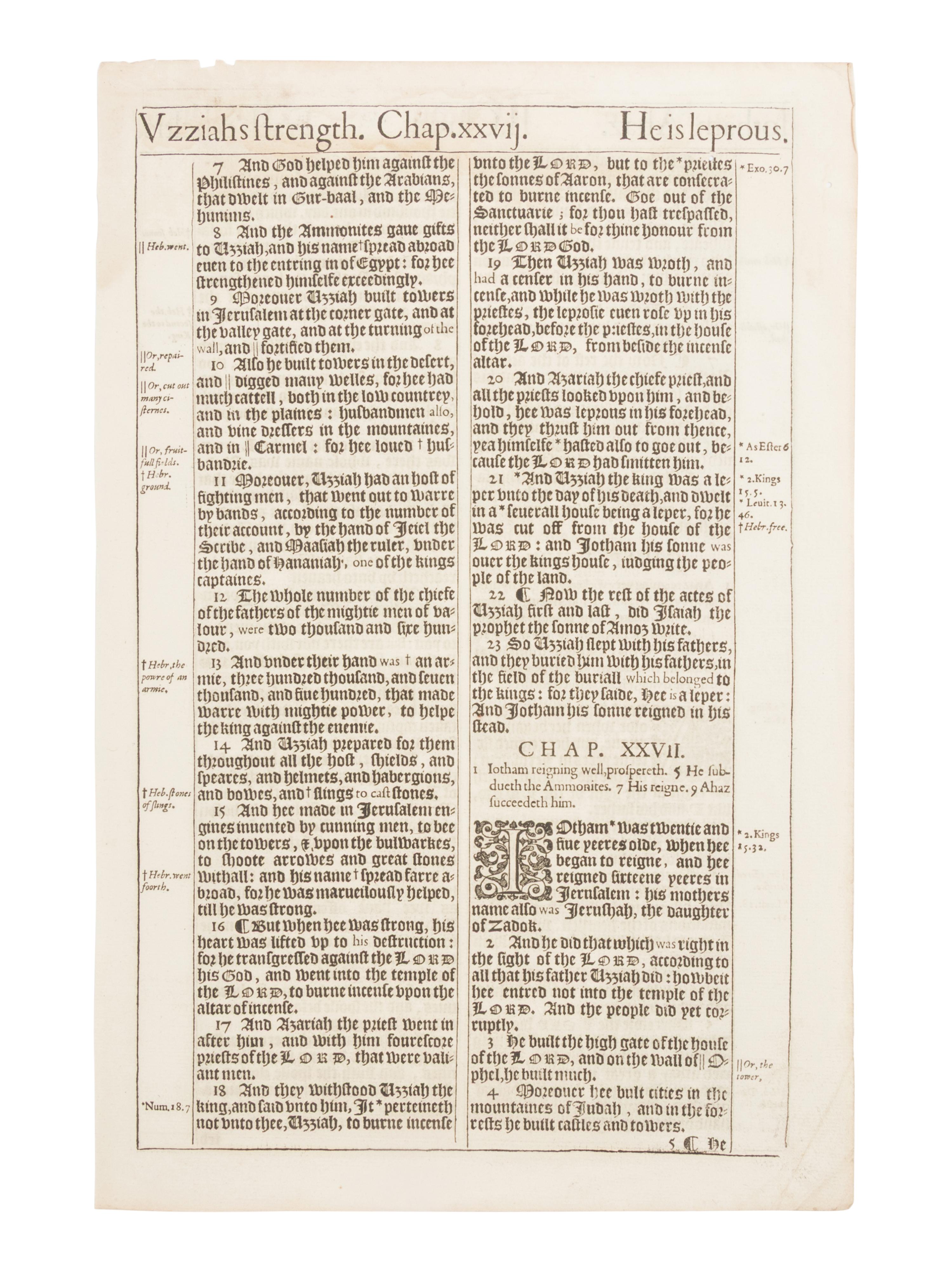[LEAF BOOK - KING JAMES BIBLE]. The Making of the King James Bible. A Monograph..., with an original leaf from the great "She" Bible of 1611. Edwin Elliot Willoughby, editor. Los Angeles: Printed for Dawson's Book Shop at the Plantin Press, 1956.