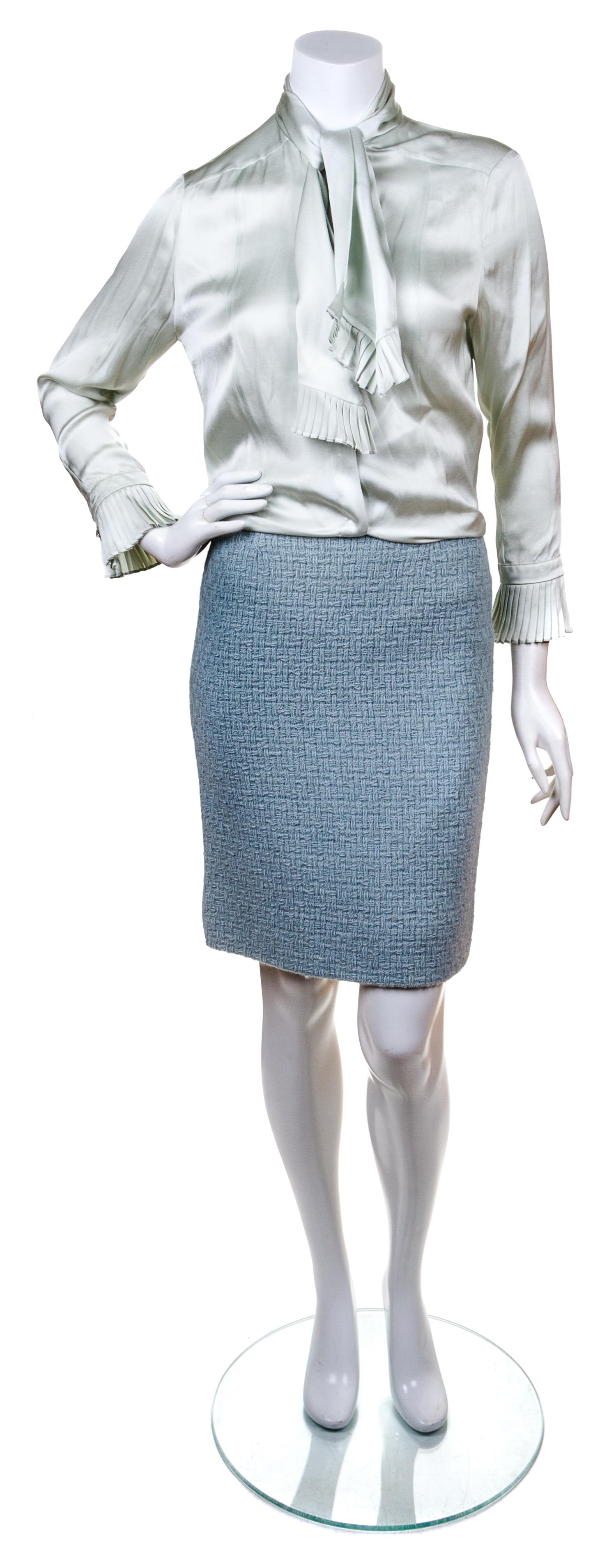 A Chanel Dusty Blue Wool Boucle Skirt Suit Ensemble, Jacket and skirt size 34.