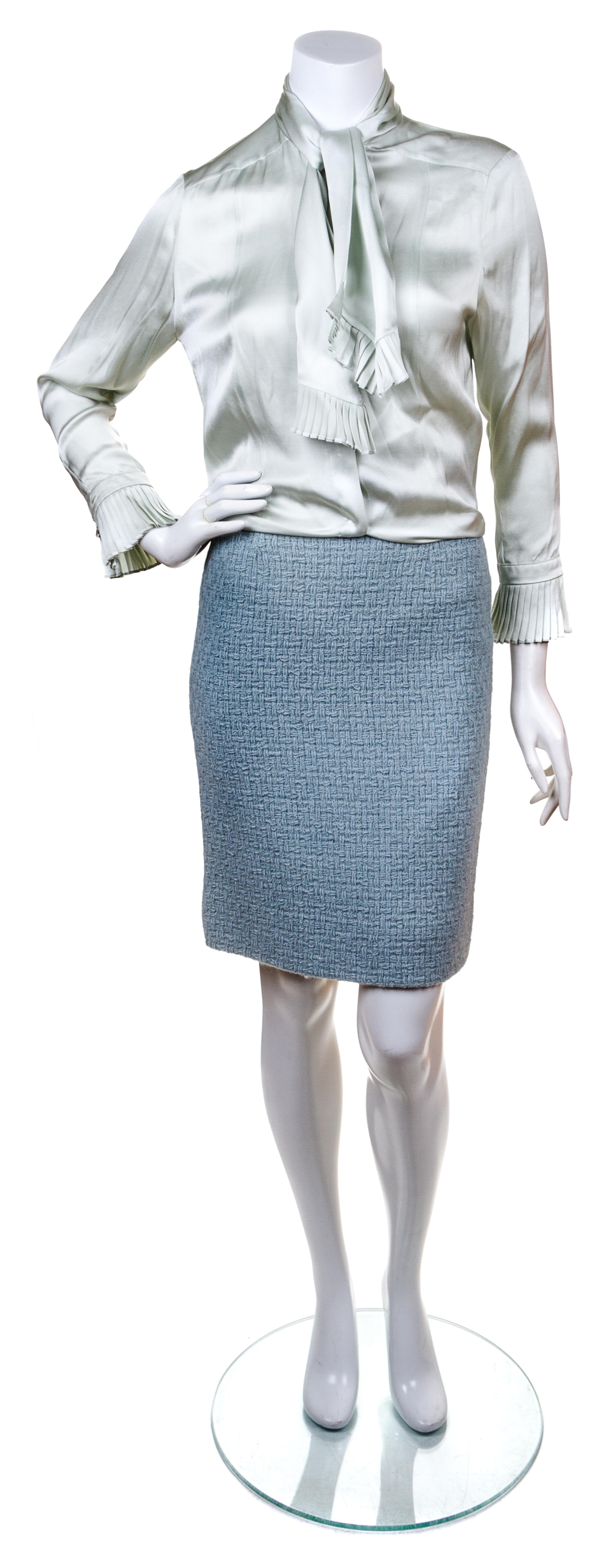 A Chanel Dusty Blue Wool Boucle Skirt Suit Ensemble, Jacket and skirt size 34.