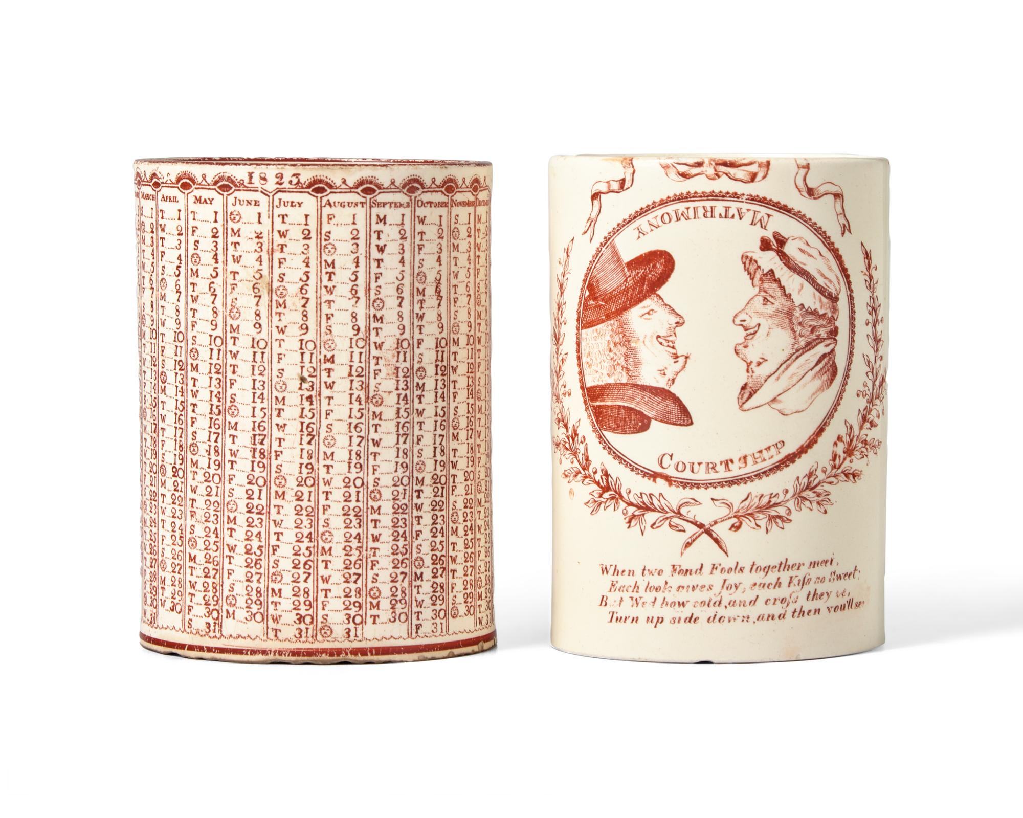 A Creamware Transfer-Decorated 'Courtship and Matrimony' Mug