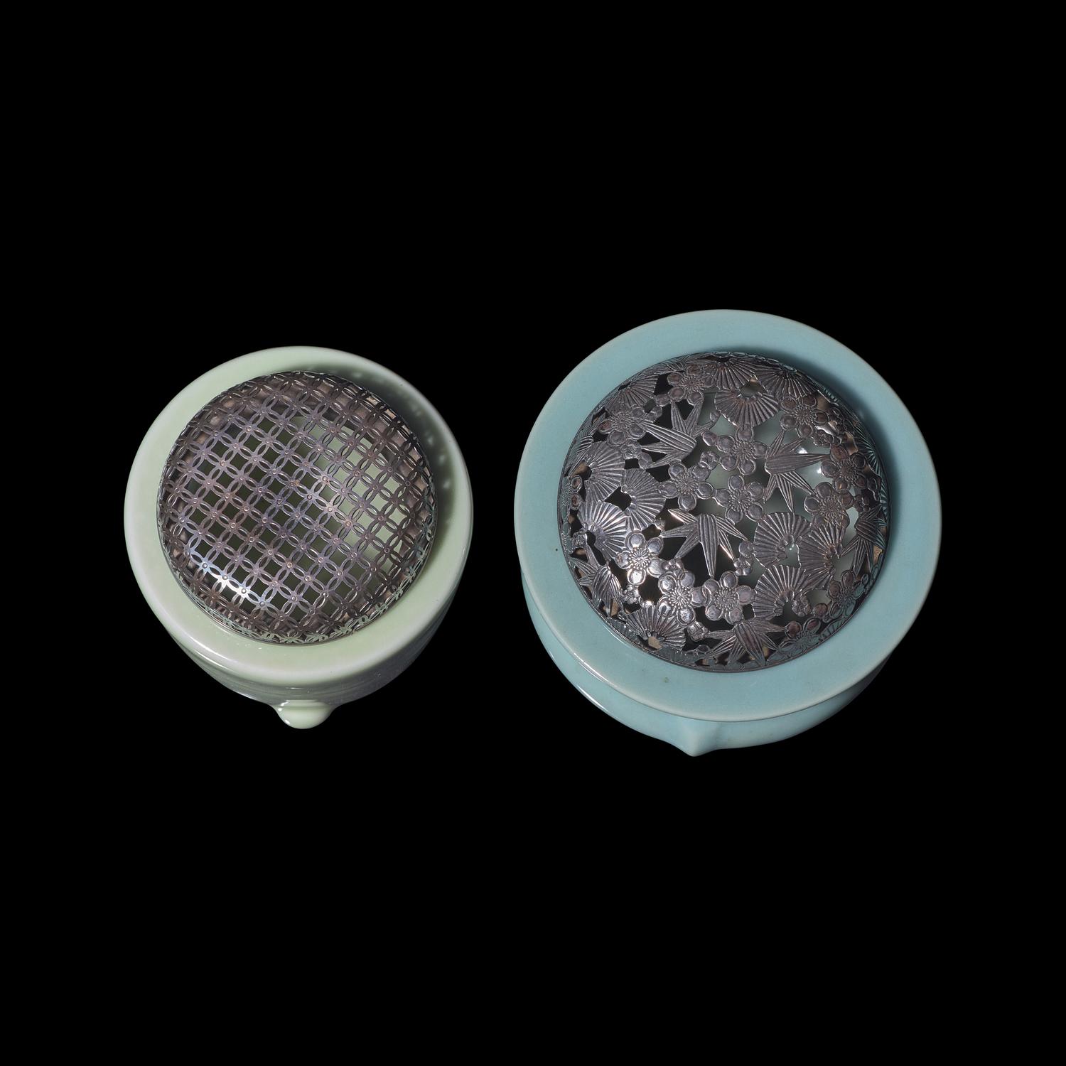 Two Japanese Celadon Glazed Porcelain Incense Burners