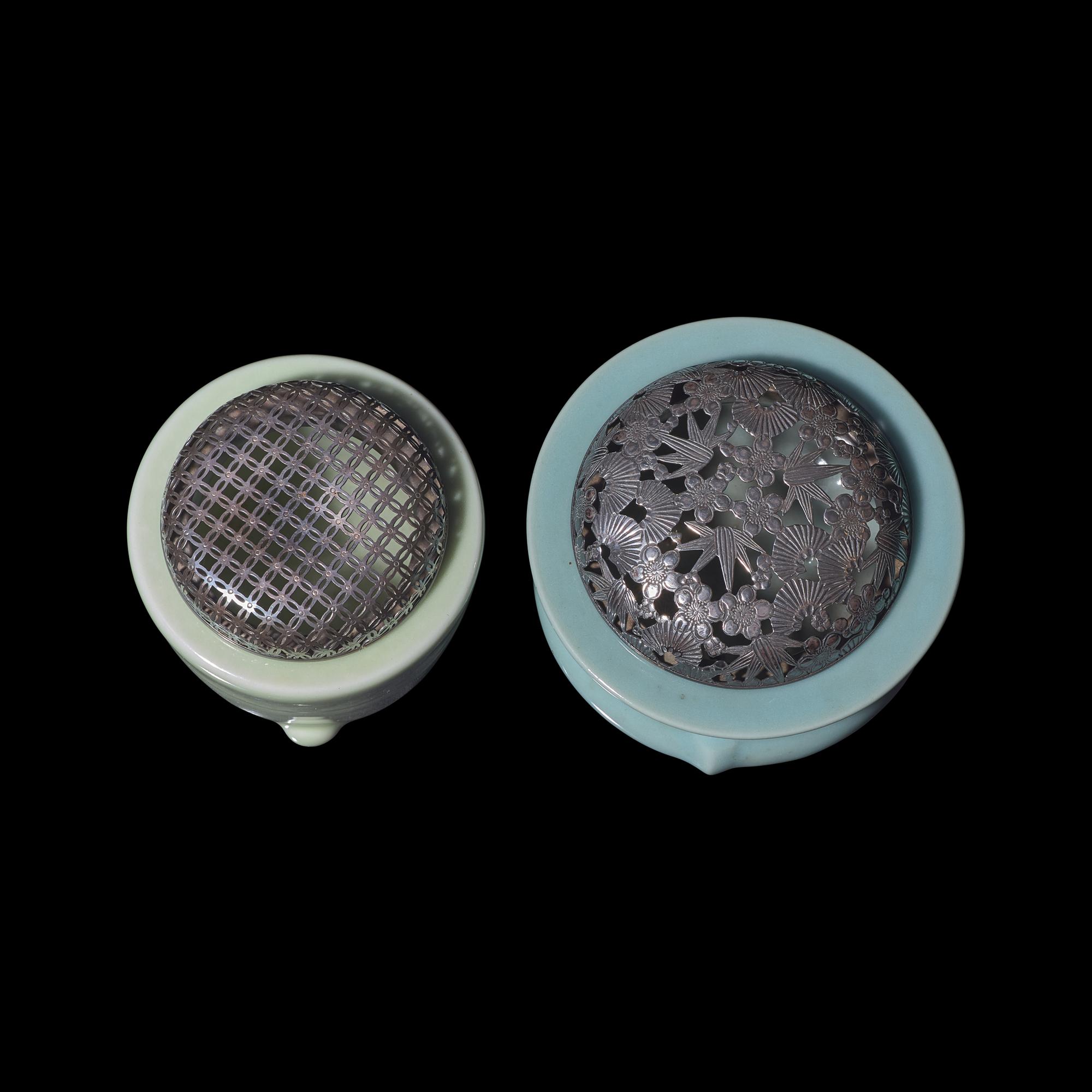Two Japanese Celadon Glazed Porcelain Incense Burners