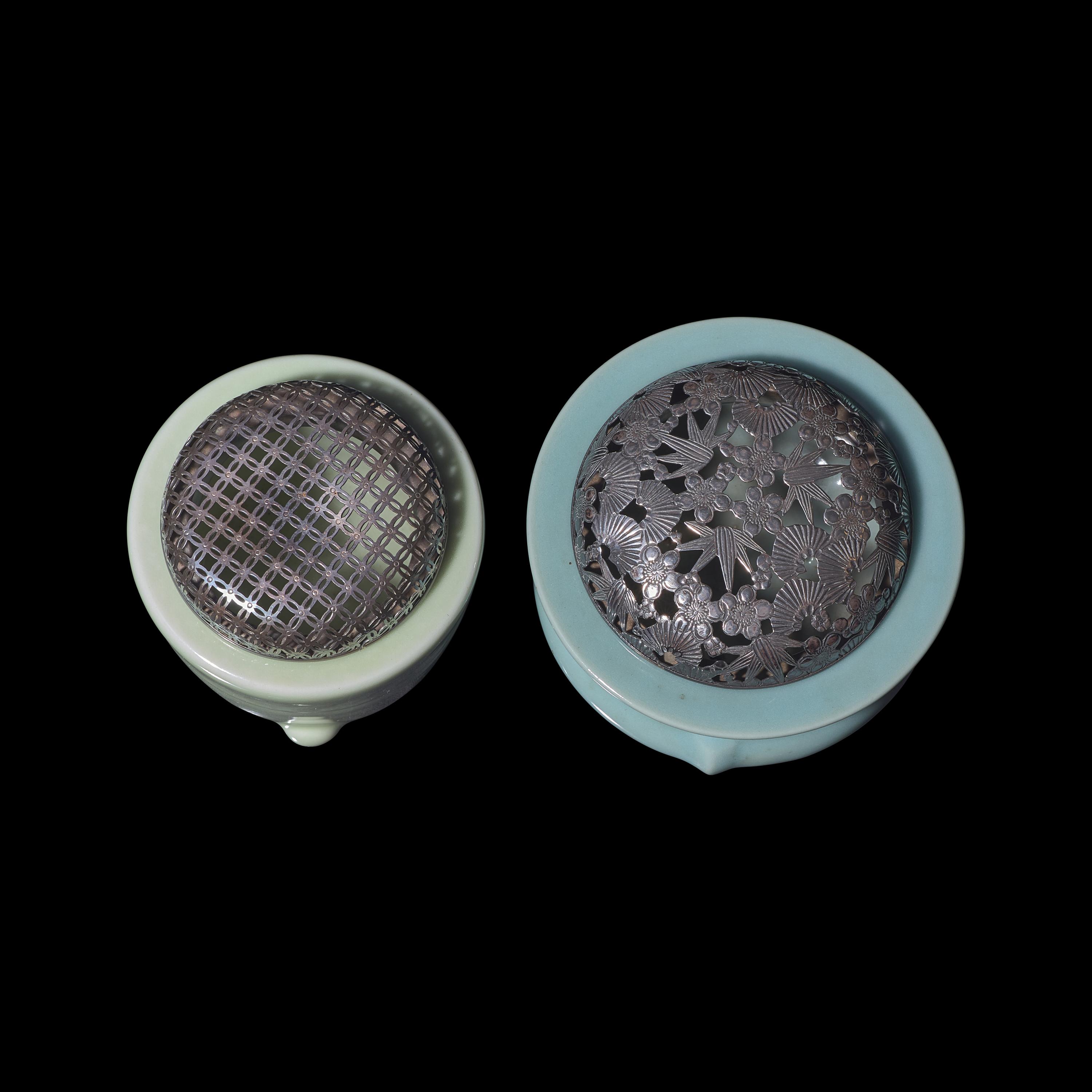 Two Japanese Celadon Glazed Porcelain Incense Burners