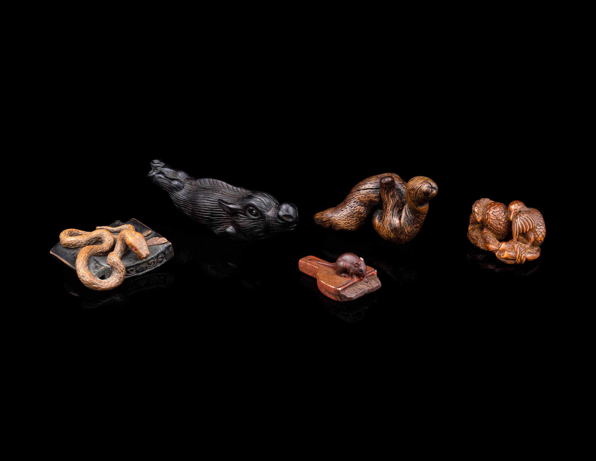 Five Japanese Carved Wood Netsuke