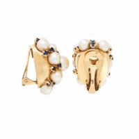 CULTURED PEARL, SAPPHIRE, AND YELLOW GOLD EARRINGS