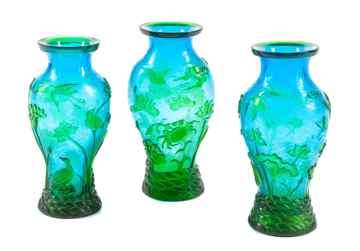 A Peking Glass Three-Piece Garniture Height of tallest 10 inches. — 20TH CENTURY