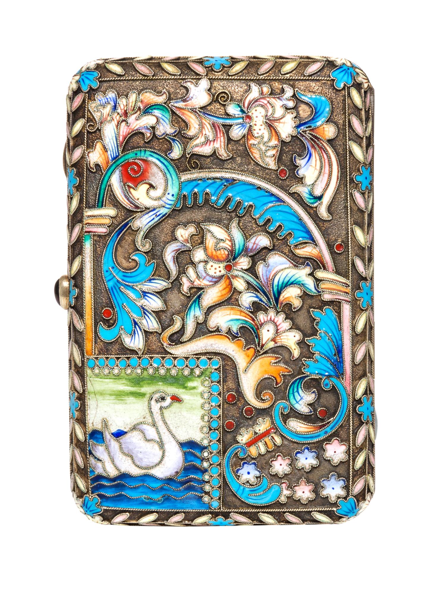 A Russian Enameled Silver Cigarette Case, possibly Henrich Vigstren (H.W.), 1908-1926, of rectangular form with polychrome knight and s