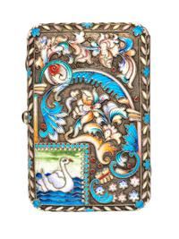 A Russian Enameled Silver Cigarette Case, possibly Henrich Vigstren (H.W.), 1908-1926, of rectangular form with polychrome knight and s