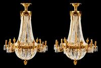 A Pair of Louis XVI Style Gilt-Bronze and Glass Ten-Light Chandeliers