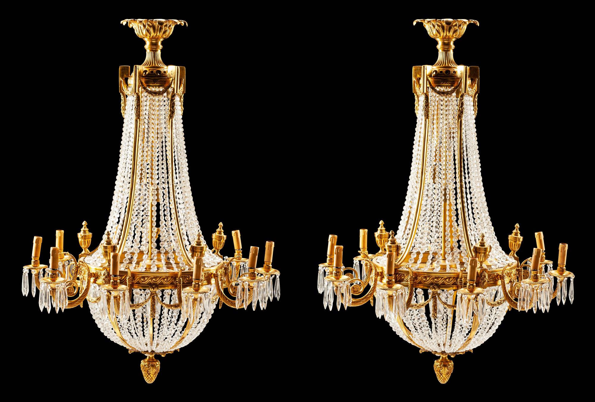 A Pair of Louis XVI Style Gilt-Bronze and Glass Ten-Light Chandeliers