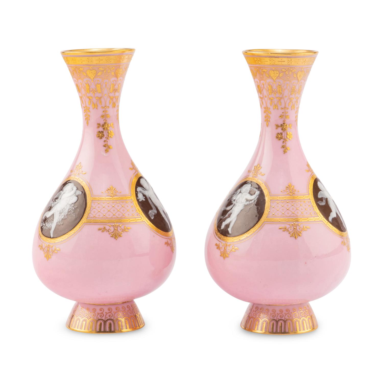 A Pair of Minton Pâte-sur-Pâte Pink Ground Bottle Vases