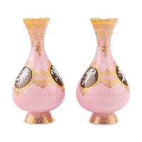 A Pair of Minton Pâte-sur-Pâte Pink Ground Bottle Vases