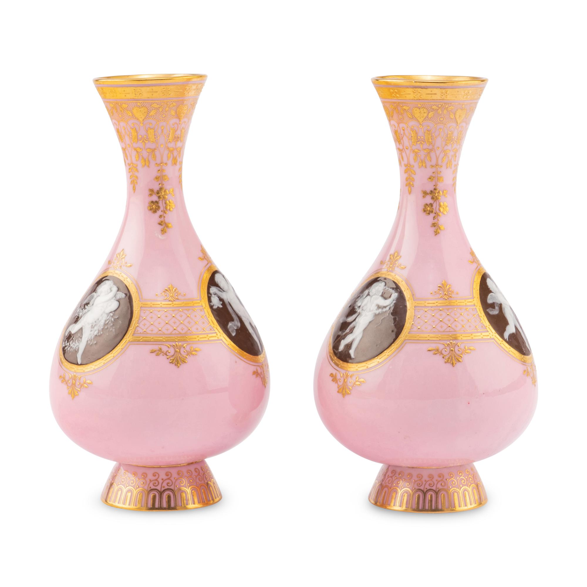 A Pair of Minton Pâte-sur-Pâte Pink Ground Bottle Vases