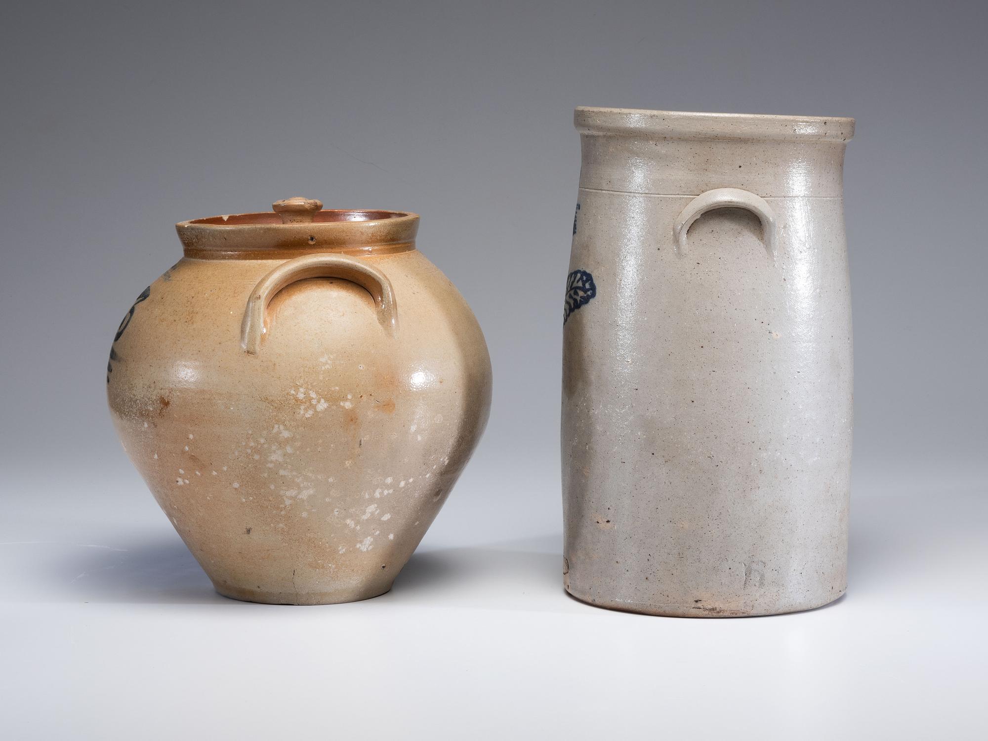 Two Cobalt Decorated Stoneware Vessels