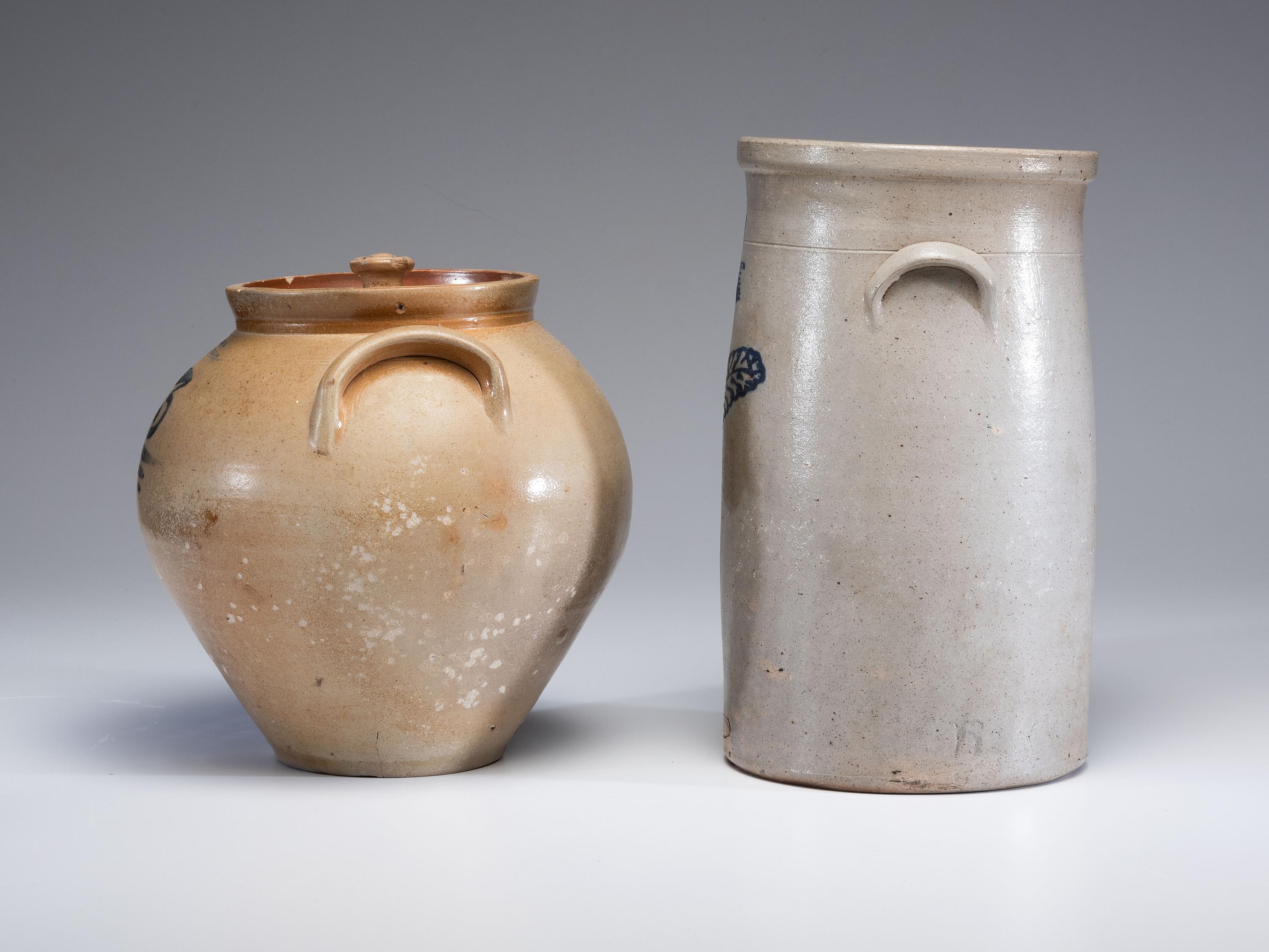 Two Cobalt Decorated Stoneware Vessels