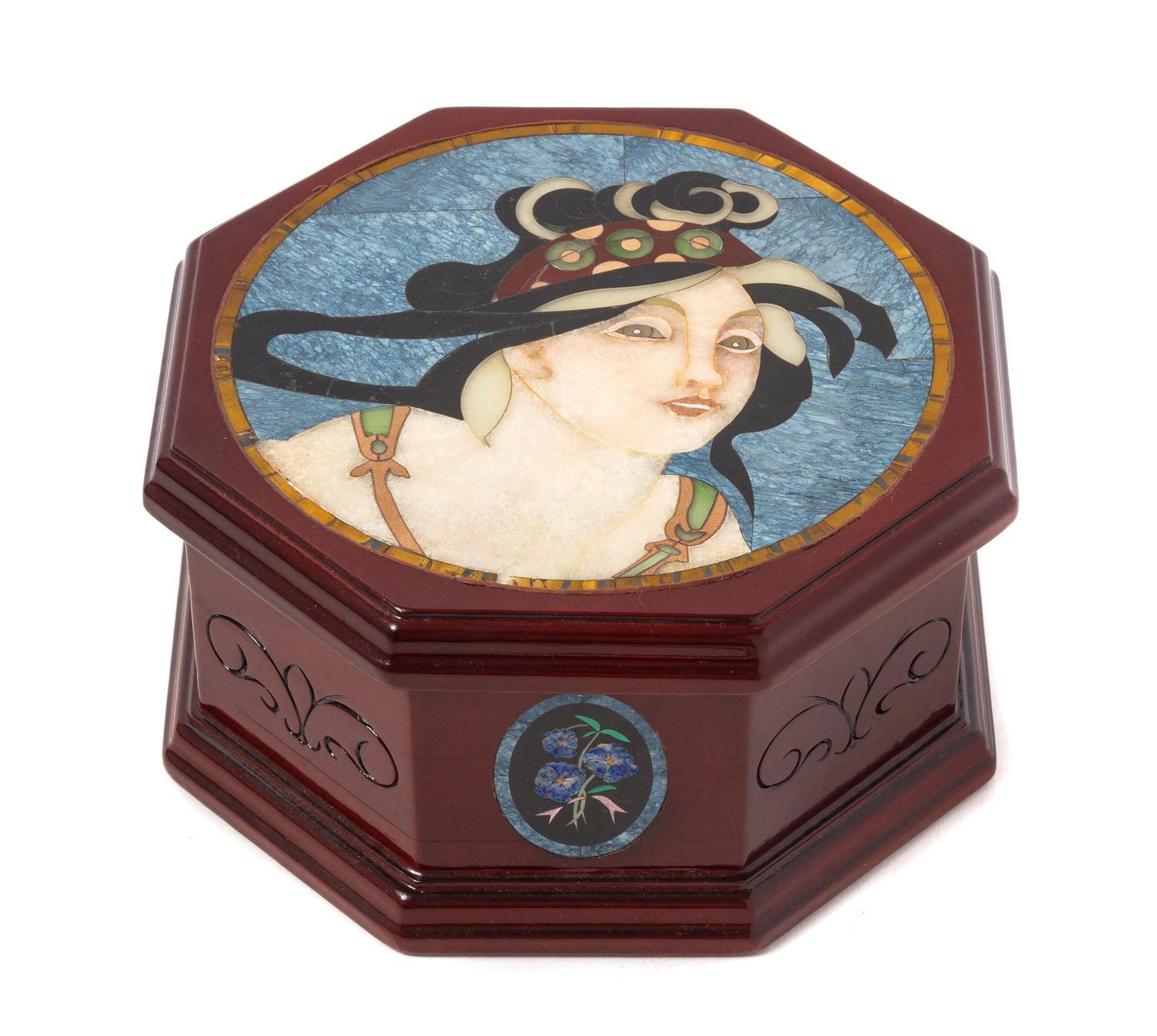 A Hardstone Inlaid Wood Jewelry Box Diameter 6 1/2 inches. — ANNA GORBATOVA