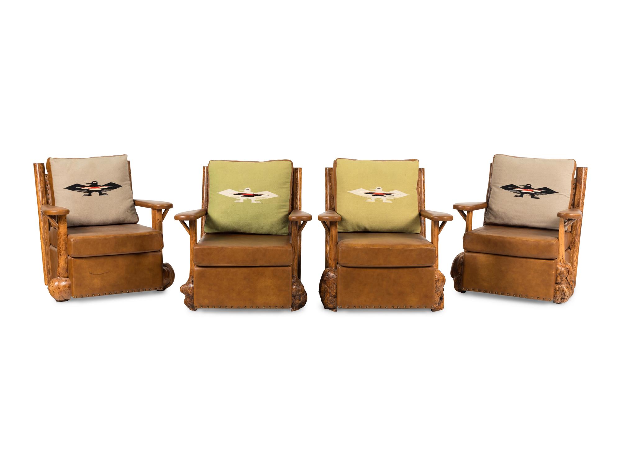 Four Leather and Burlwood Adirondack Chairs