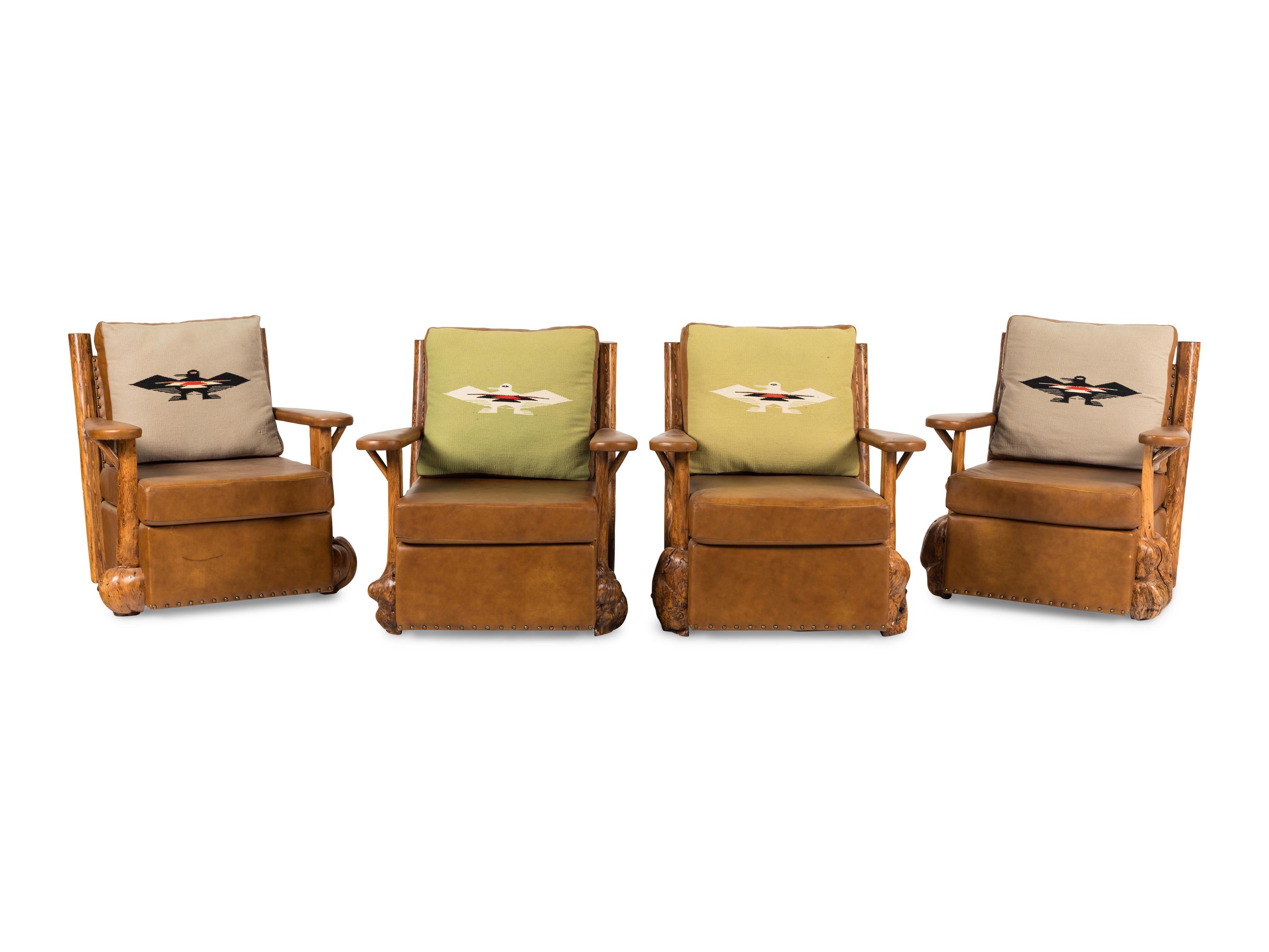 Four Leather and Burlwood Adirondack Chairs