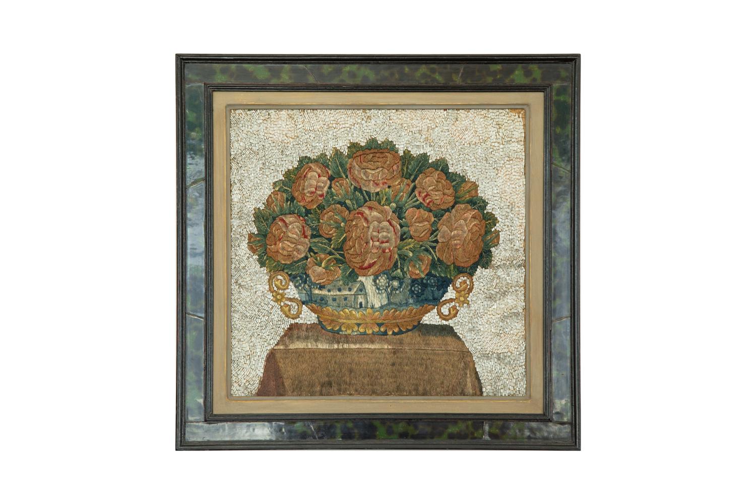 A Pair of Embroidered and Beadwork Floral Still Lives in Black and Green Faux Tortoiseshell Frames