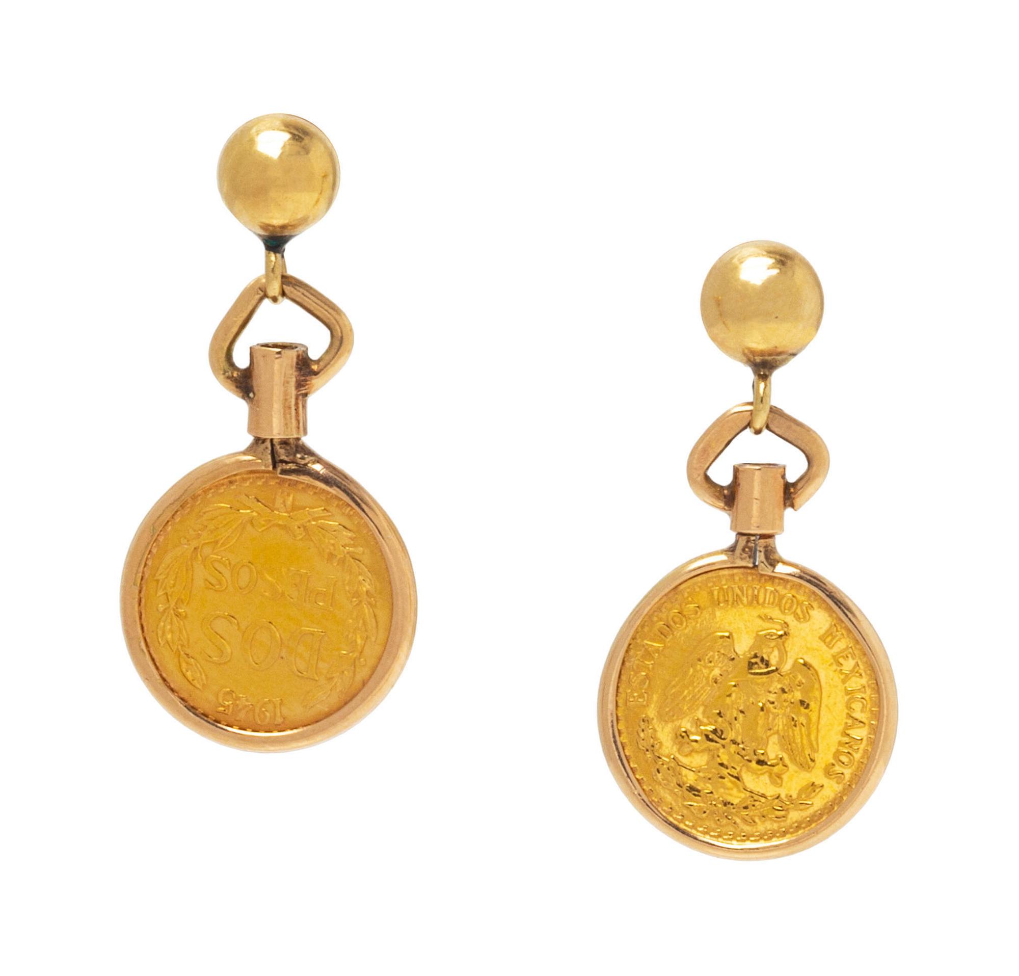 A Pair of 14 Karat Yellow Gold and Dos Pesos Coin Earrings,
