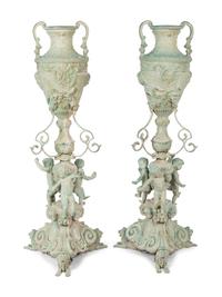 A Pair of Neoclassical Style Patinated Cast Metal or Bronze Urns
