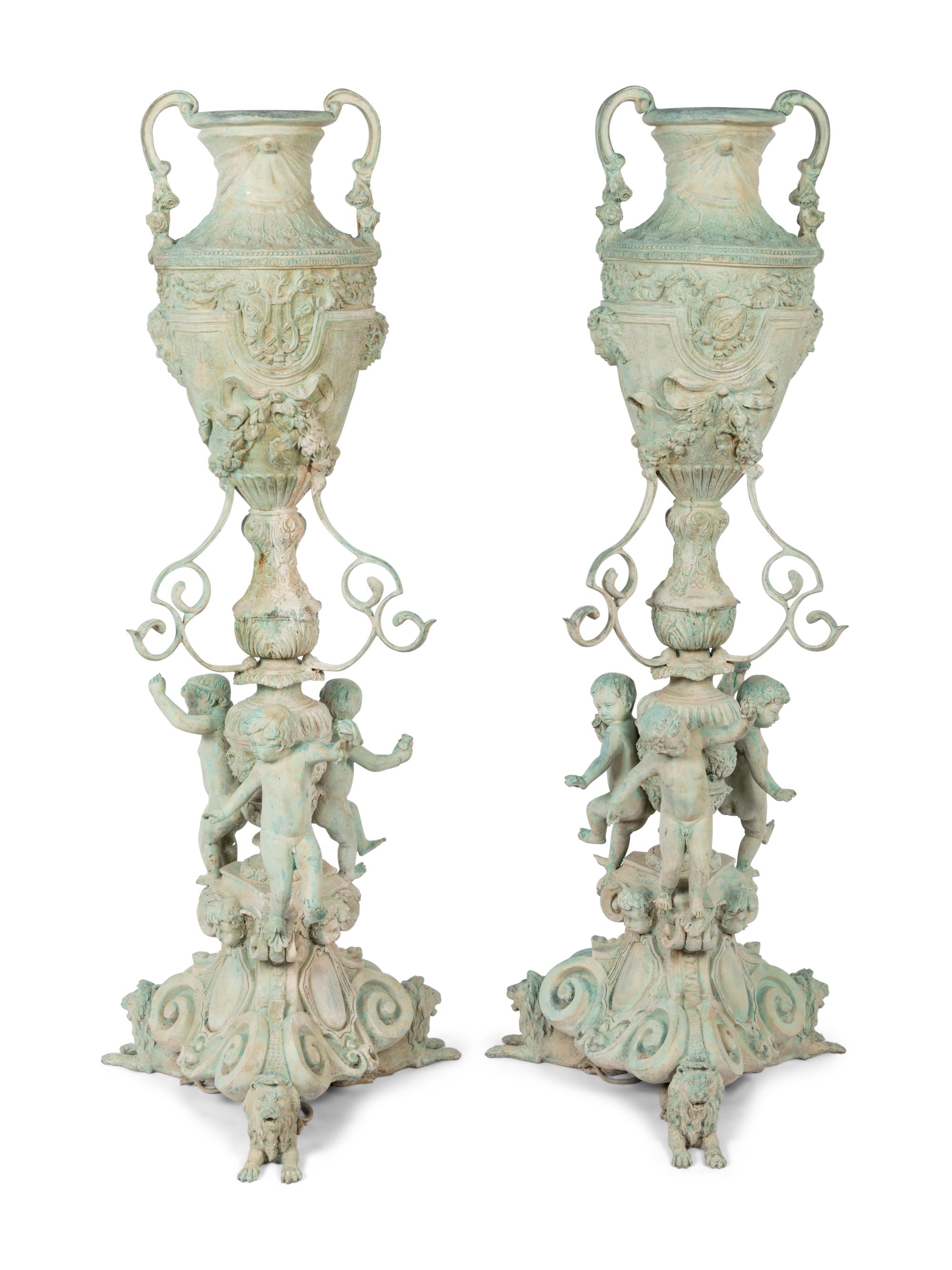 A Pair of Neoclassical Style Patinated Cast Metal or Bronze Urns