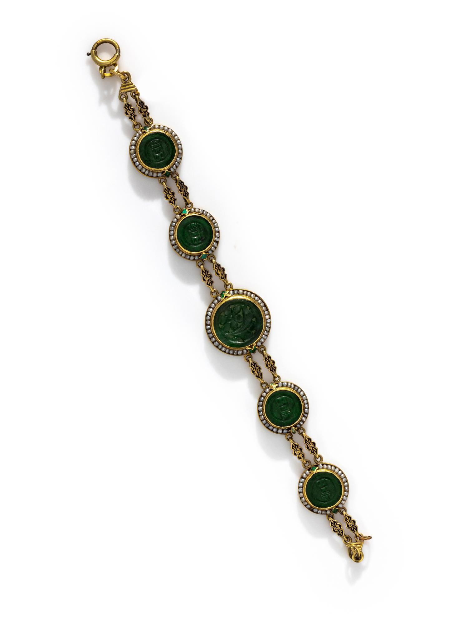 ANTIQUE, JADE, SEED PEARL AND ENAMEL BRACELET