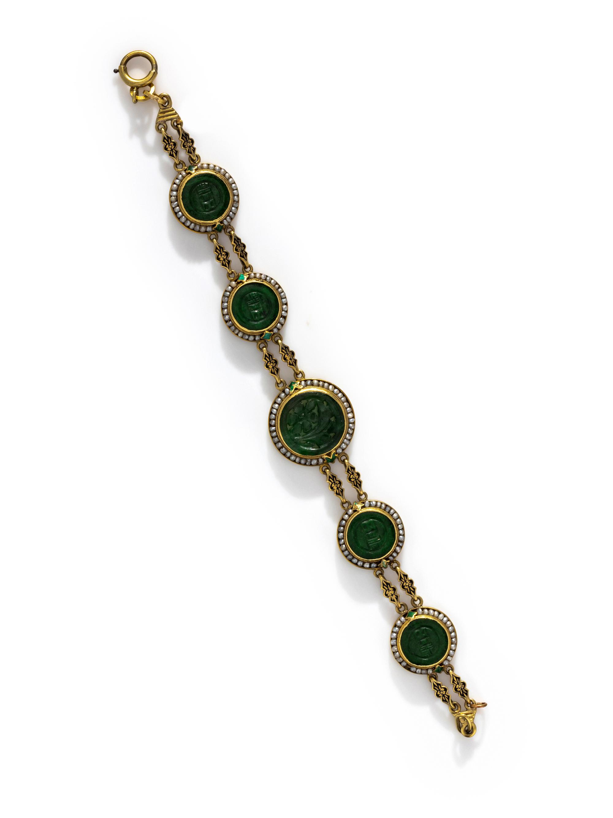 ANTIQUE, JADE, SEED PEARL AND ENAMEL BRACELET