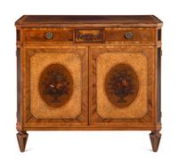 An English Painted Burr Yew Wood, Satinwood and Mahogany Console Cabinet