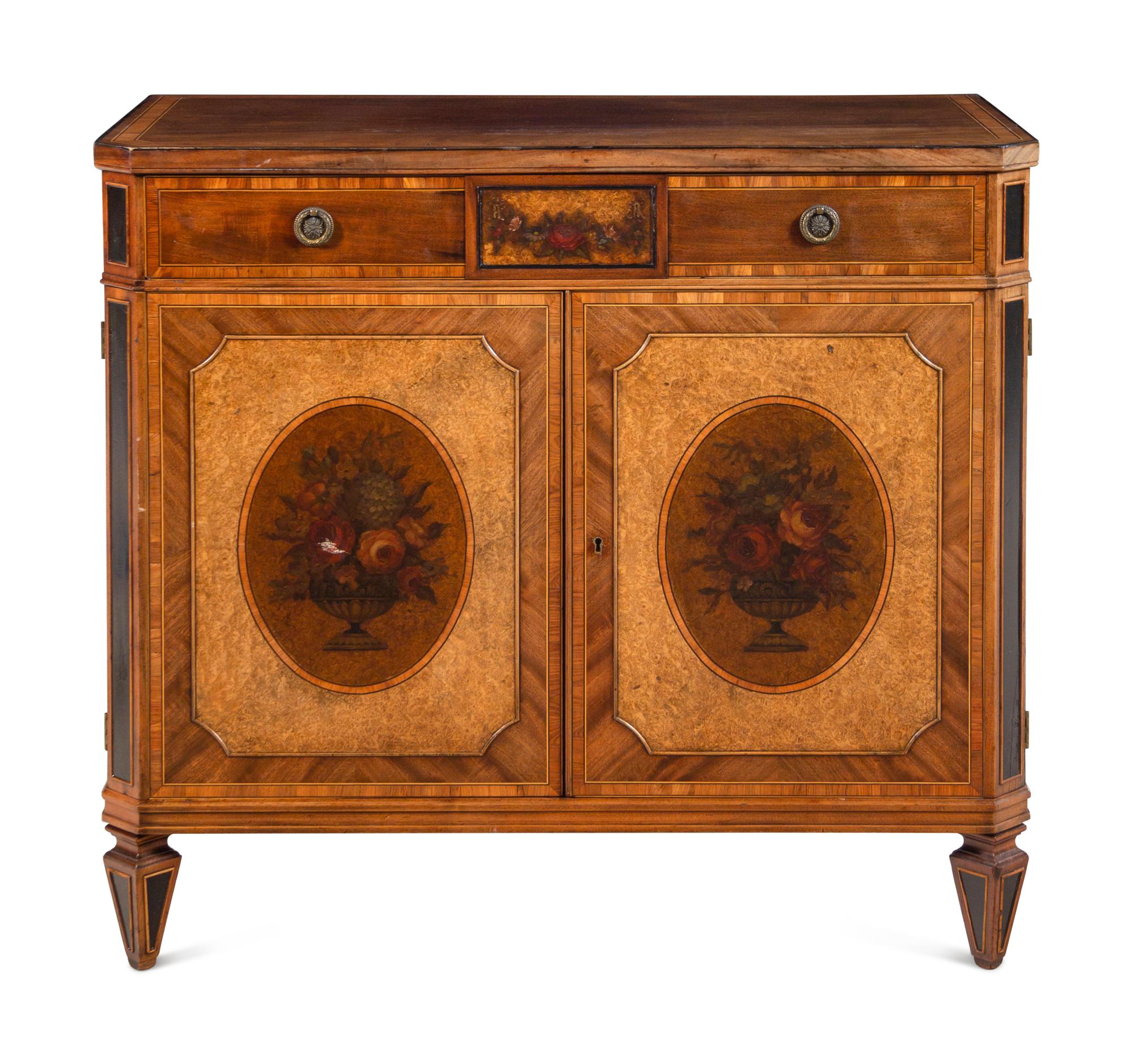 An English Painted Burr Yew Wood, Satinwood and Mahogany Console Cabinet
