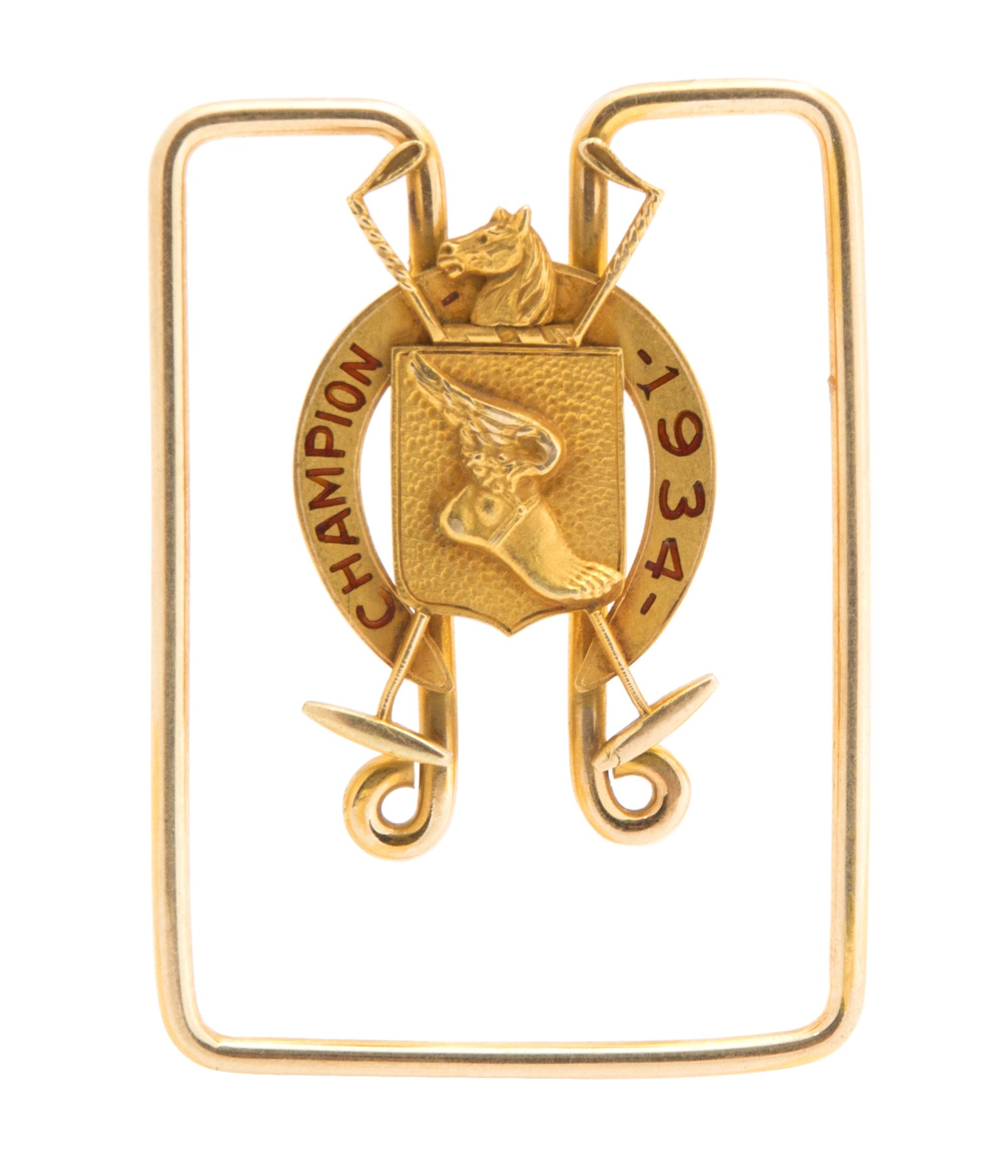 A 14 Karat Yellow Gold Polo Stick-Form Money Clip, 20th Century, engraved Champion-1934