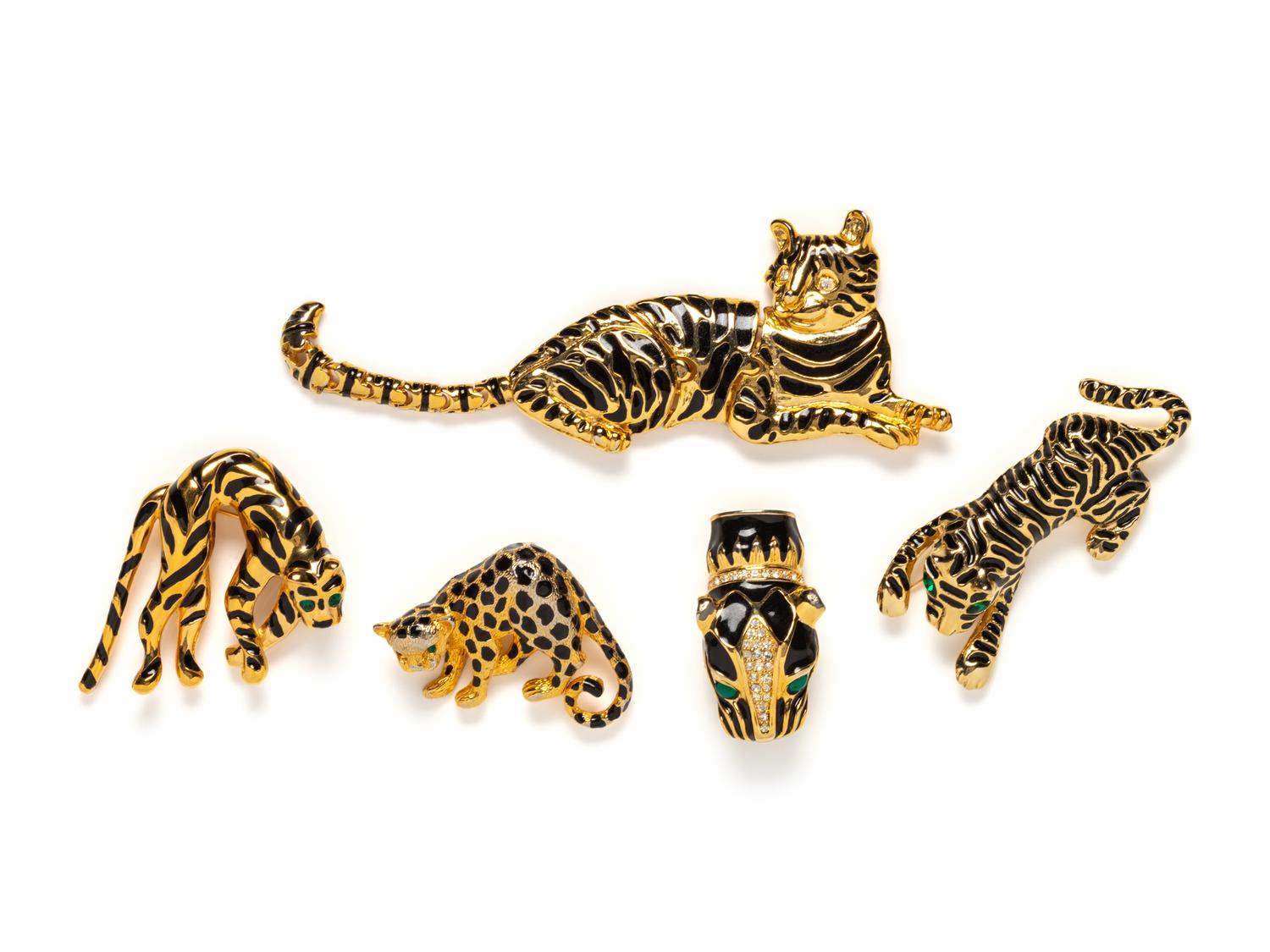 FIVE BIG CAT COSTUME JEWELRY BROOCHES