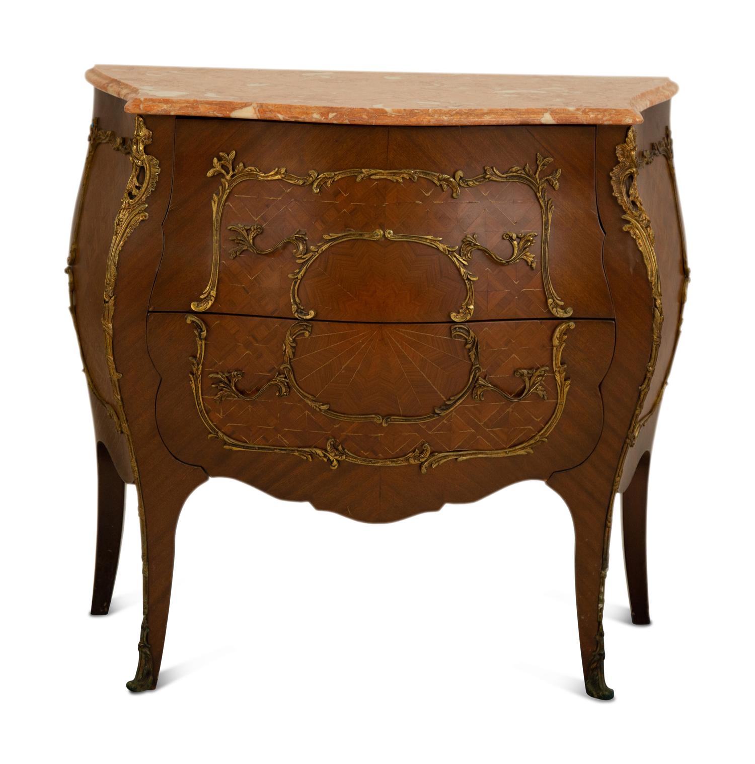 A Louis XV Style Gilt Bronze Mounted Marble Top Bombe Commode