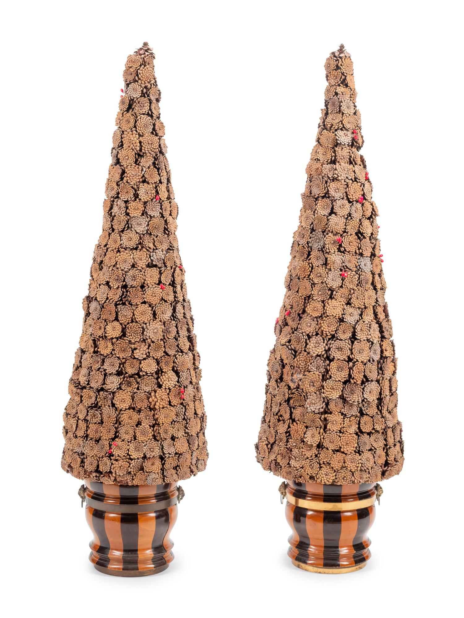 A Pair of English Brass Mounted Jardinières with Pinecone Topiaries