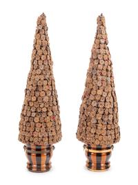 A Pair of English Brass Mounted Jardinières with Pinecone Topiaries