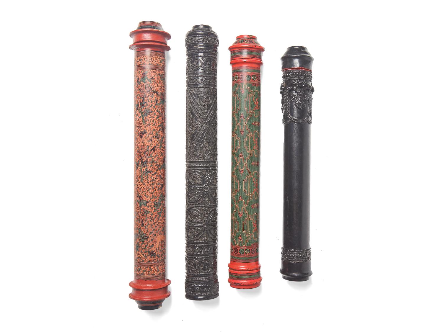 Four Burmese Red or Black Lacquer Scroll Holders