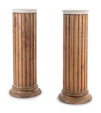 A Pair of Carved Pine Pedestals with Marble Tops