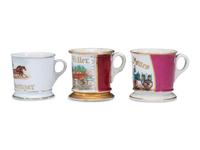 Three Porcelain Occupational Shaving Mugs Depicting Horse-Drawn Delivery Wagons