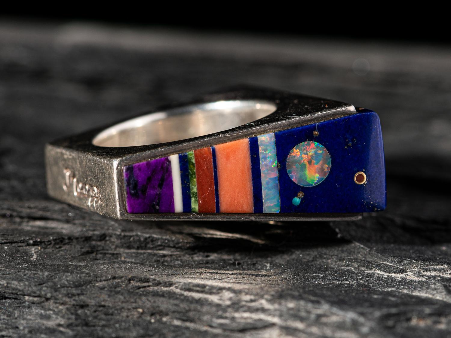 Silver Ring, set with Turquoise, Coral, Lapis, Sugilite, Opal, and 14K Gold Spacers