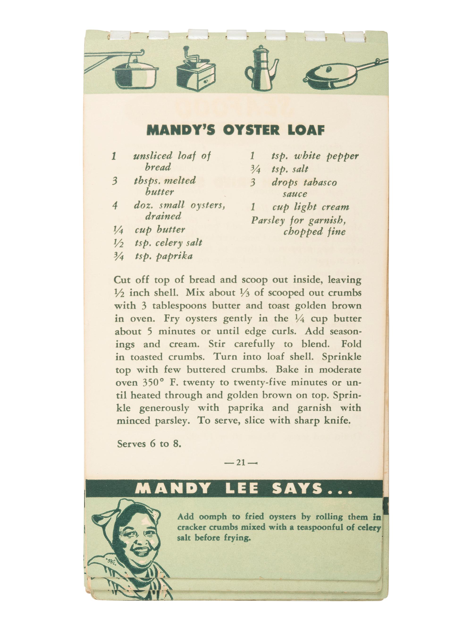 [AFRICAN AMERICANA - COOKBOOKS]. PREVOST, Ruth (1917-1954). Mandy Lee's Recipes for Good New Orleans Dishes . [Louisiana]: N.p., ca 1950-1954.