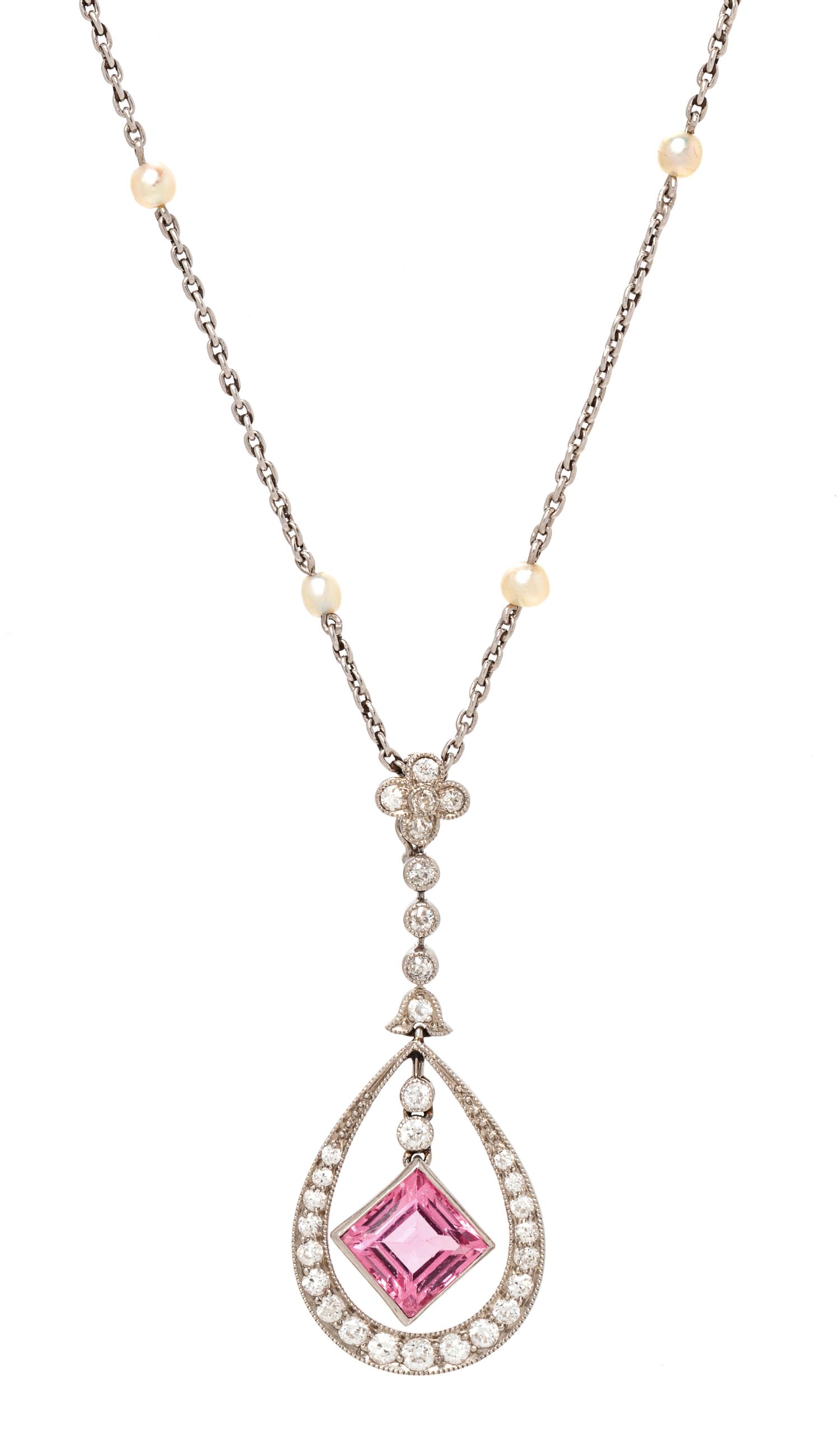 An Art Deco Platinum, Pink Tourmaline, Diamond and Seed Pearl Pendant/Necklace, J.E. Caldwell Co., 6.00 dwts.