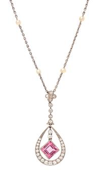 An Art Deco Platinum, Pink Tourmaline, Diamond and Seed Pearl Pendant/Necklace, J.E. Caldwell Co., 6.00 dwts.