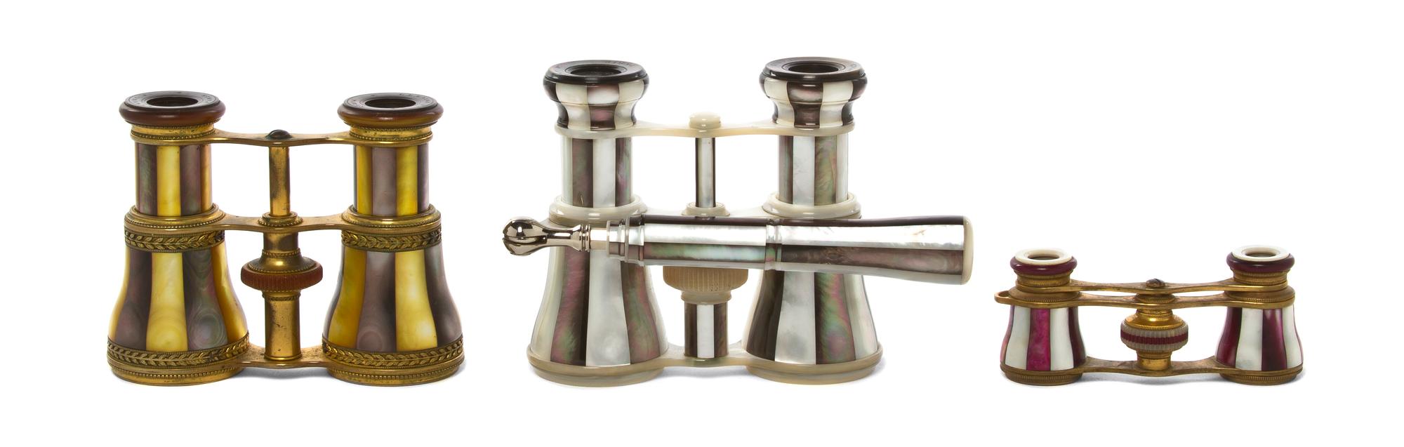 Three Pairs of French Mother-of-Pearl Veneered Opera Glasses, Width of first 4 1/8 inches.