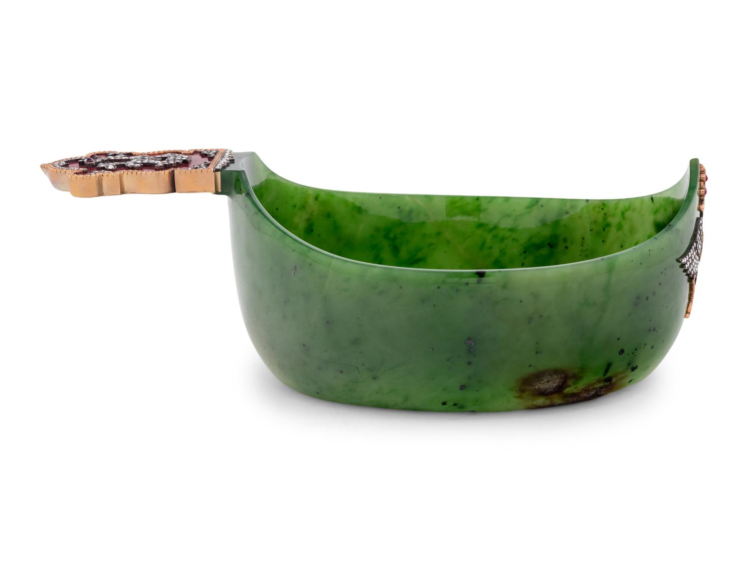 A Russian 14-Karat Gold, Enamel and Diamond Mounted Jade Kovsh