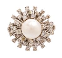 A White Gold, Cultured Pearl and Diamond Ring, 6.90 dwts.