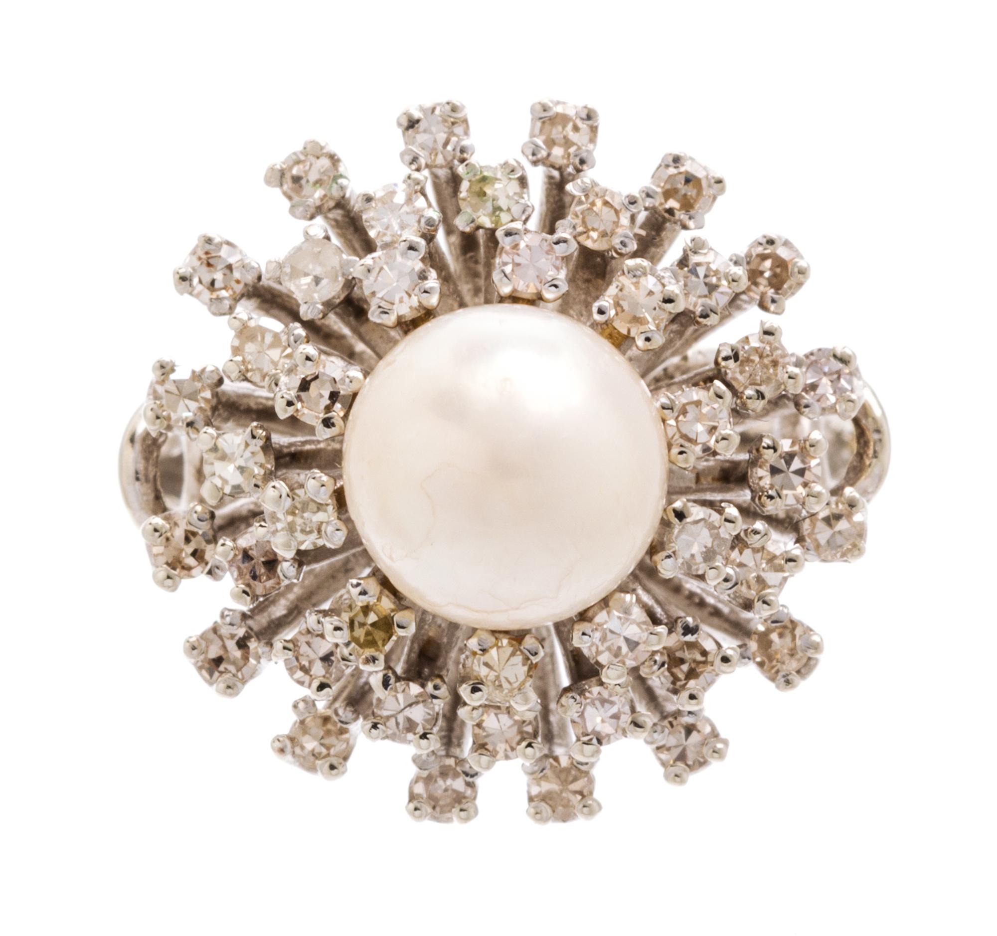 A White Gold, Cultured Pearl and Diamond Ring, 6.90 dwts.