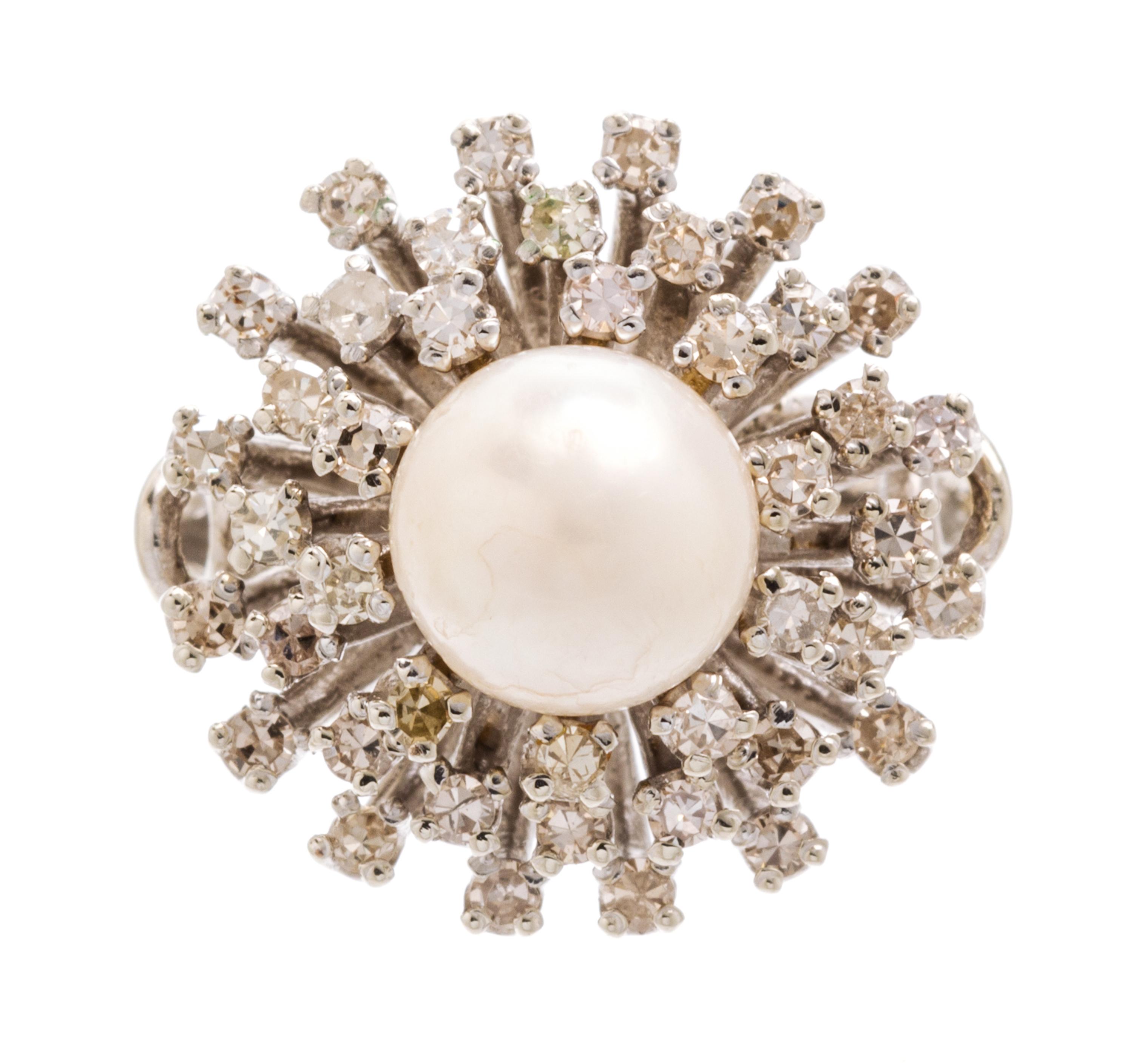 A White Gold, Cultured Pearl and Diamond Ring, 6.90 dwts.